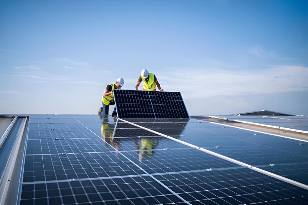 Technician inspecting solar panel system performance